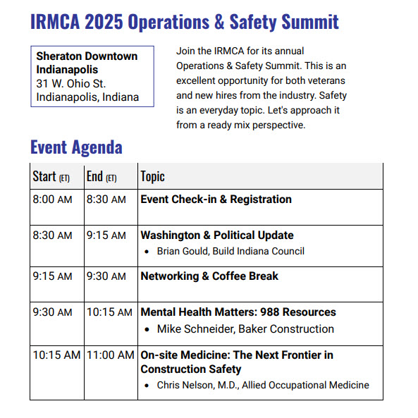 The IRMCA is proud to present the 2025 Operations & Safety Summit at the Sheraton in Downtown Indianapolis, Indiana this December 4th.