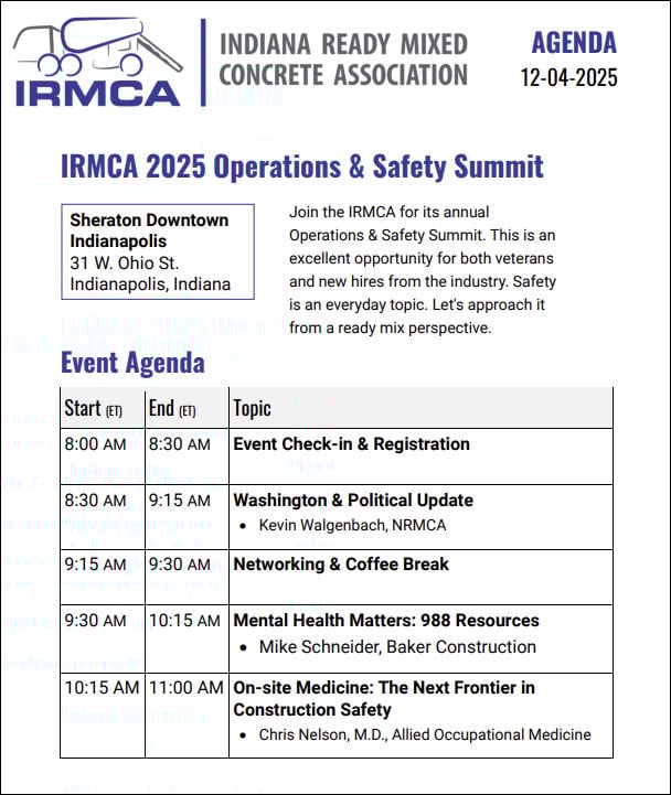 The 2025 Operations & Safety Summit presented by the IRMCA is a keystone event of the Indiana Ready Mix Industry.
