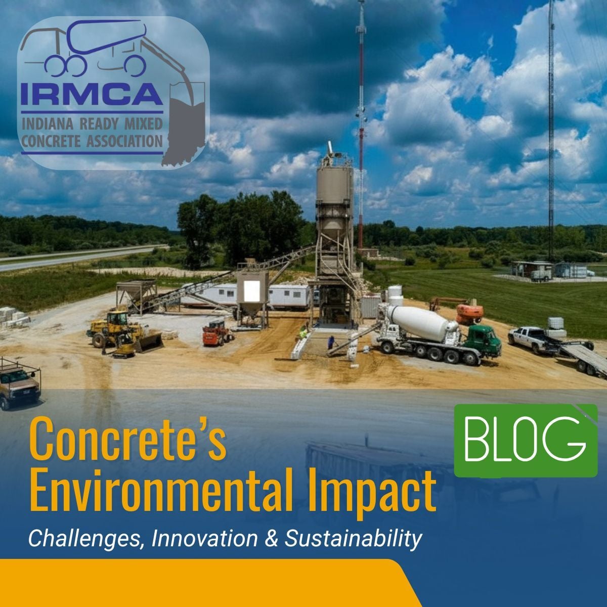 Concrete plant beside a concrete highway under a bright blue sky, bordered by a lush green forest. Text reads, “Concrete’s Environmental Impact: Challenges, Innovation & a More Sustainable Future.”