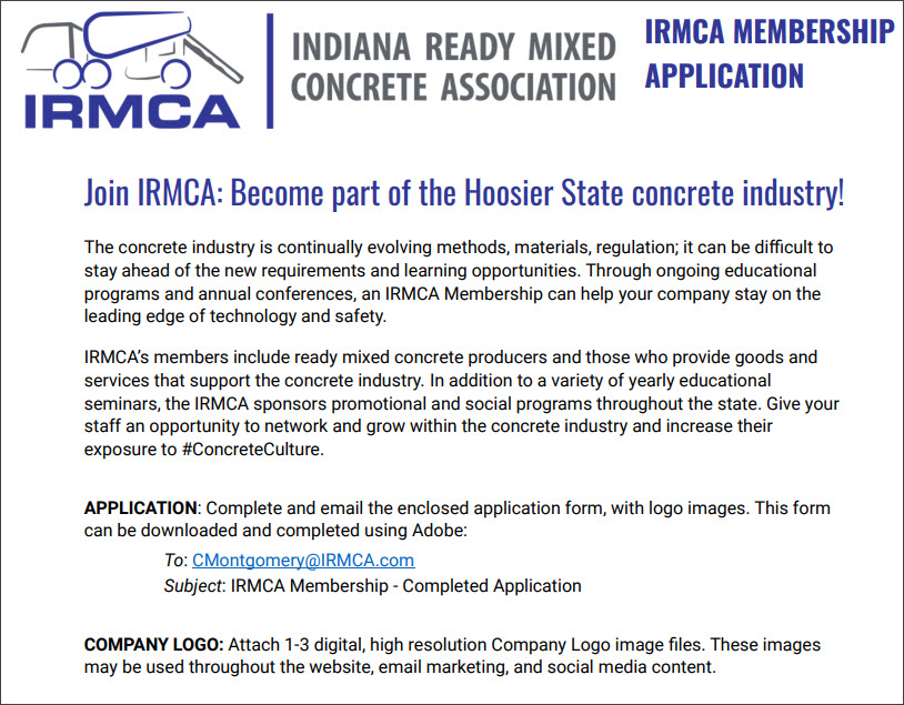 IRMCA Membership Application - Indiana Ready Mixed Concrete Association - Associate Members - Contractor Members