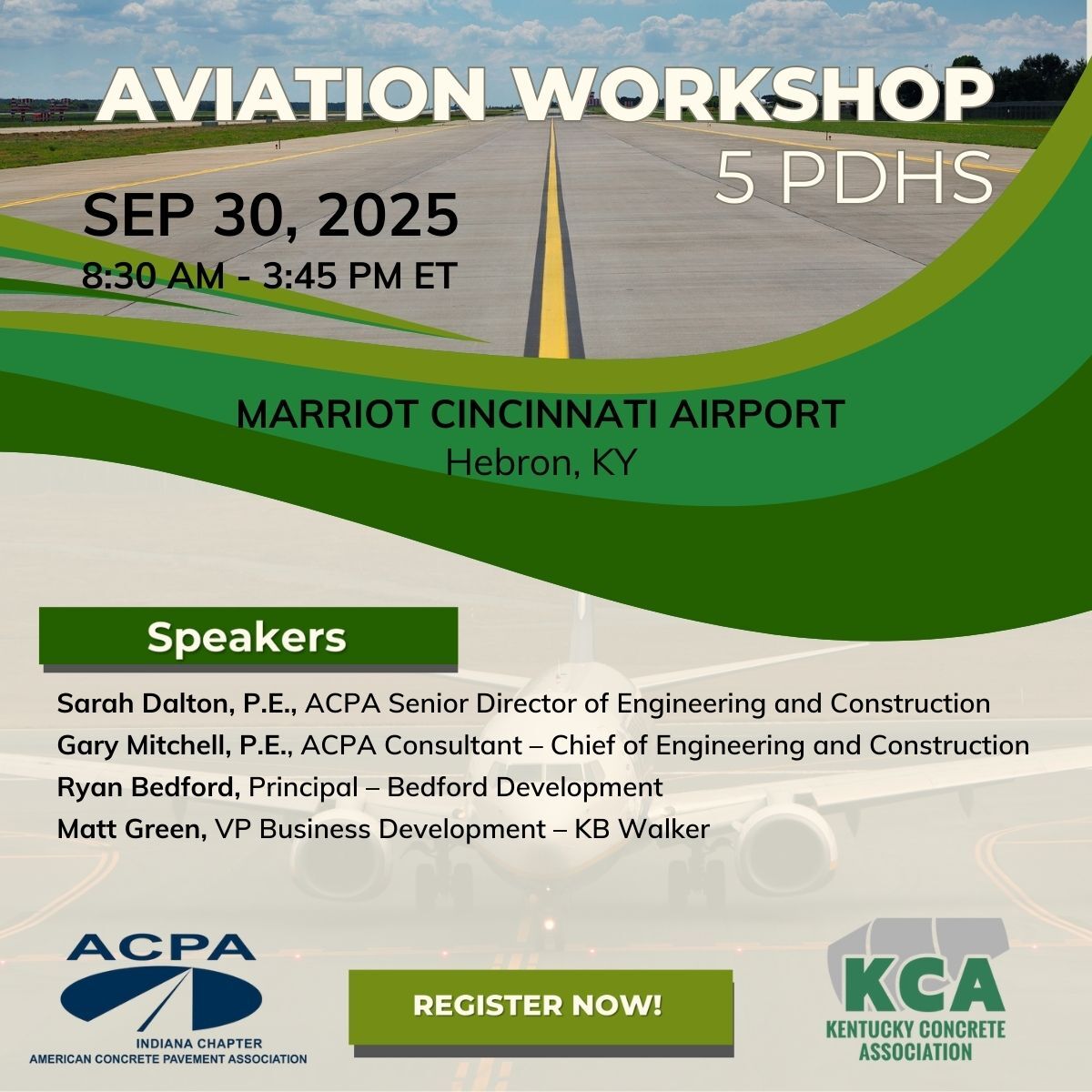 Free Aviation Workshop at Marriot Cincinnati Airport. Focus on FAA QC/QA manual updates, P-501 specification changes, resilient concrete hangars, and best practices in airfield pavement construction. Hosted in Hebron, Kentucky.