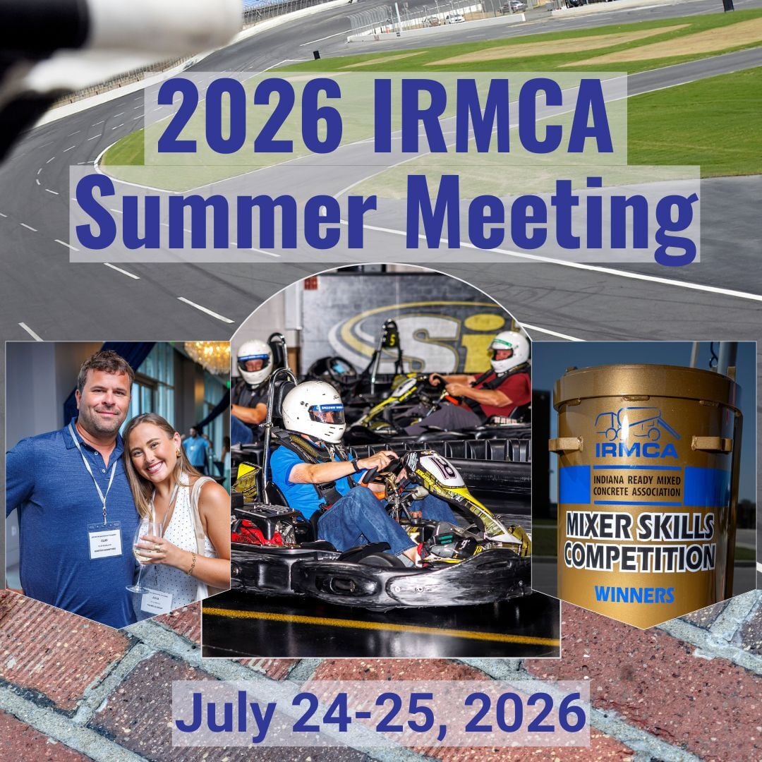 Event graphic featuring a collage of IRMCA Summer Meeting attendees including a couple, a father and son, and three IRMCA Members racing go karts at Speedway Indoor Karting with the Indianapolis Motor Speedway in the background and overlay text promoting the 2026 IRMCA Summer Meeting.