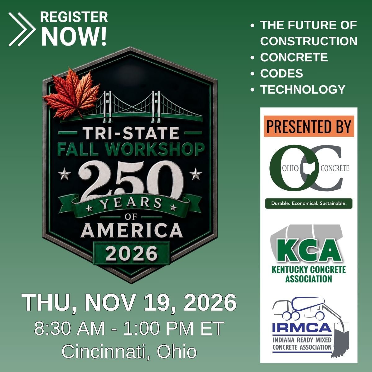 Join KCA, OC, and IRMCA for a Tri-State Fall Workshop on THU, November 19, 2026 in Cincinnati, Ohio.