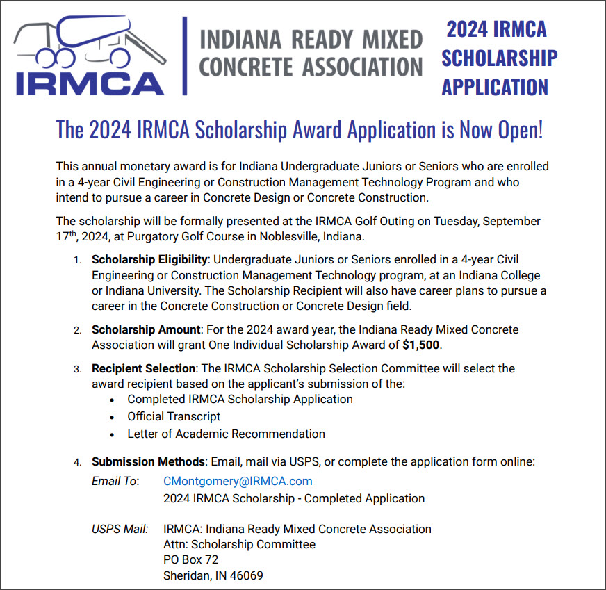 2024 IRMCA Scholarship Application - Indiana Ready Mixed Concrete Association - Construction Management Technology