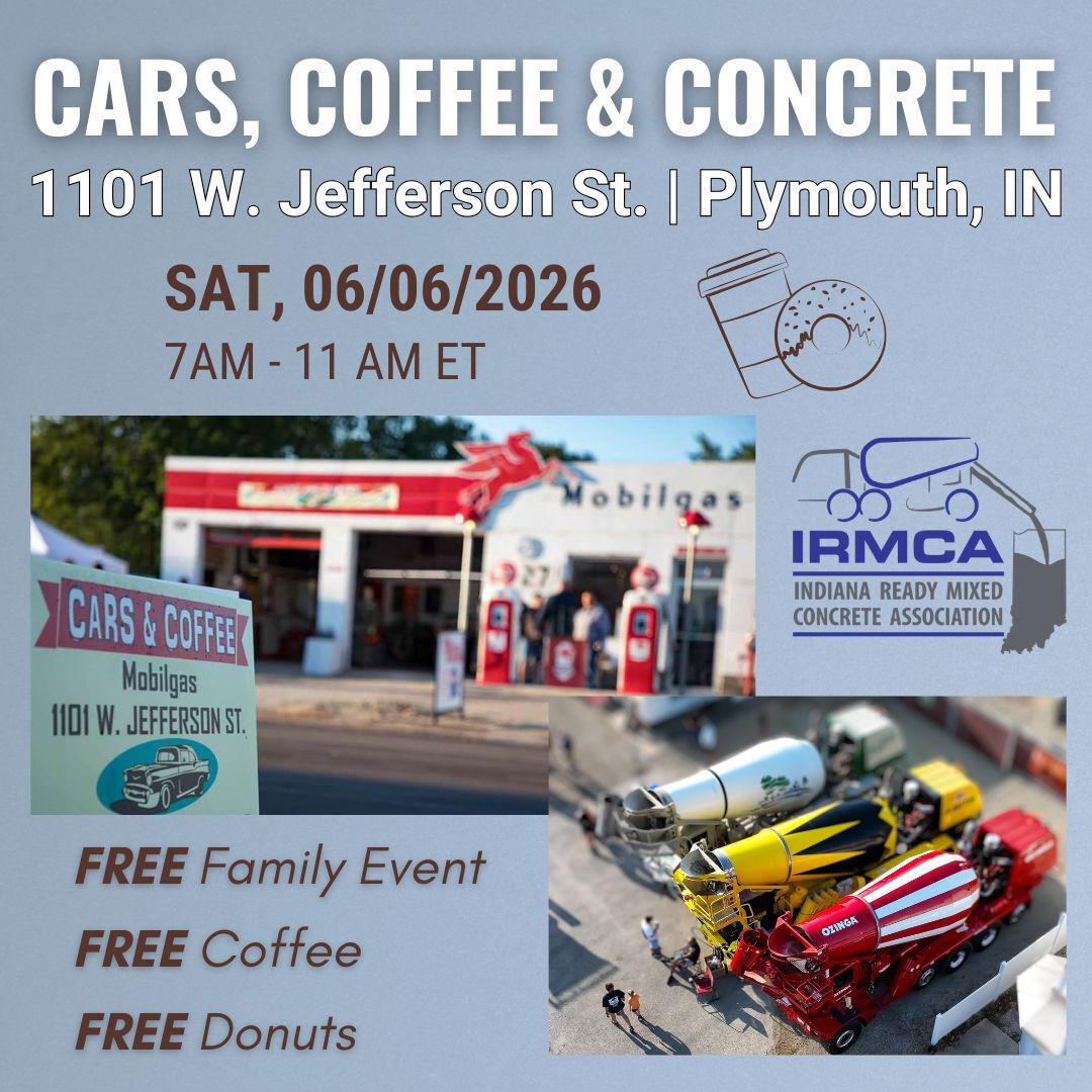 Event graphic for Cars, Coffee and Concrete on June 6, 2026, featuring a ready mix concrete truck parked outside the historic Plymouth Mobilgas Station, inviting families to a free touch a truck experience with coffee and donuts.
