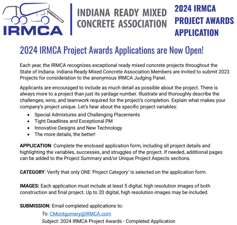 2024 Project Awards Application | IRMCA Short Course | Indiana Ready Mixed Concrete Association