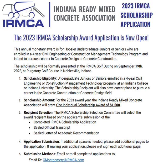 2023 IRMCA Scholarship Application | Golf Outing Scholarship Fundraiser | Indiana Undergraduate College or University Juniors and Seniors are eligible | Indiana Ready Mixed Concrete Association